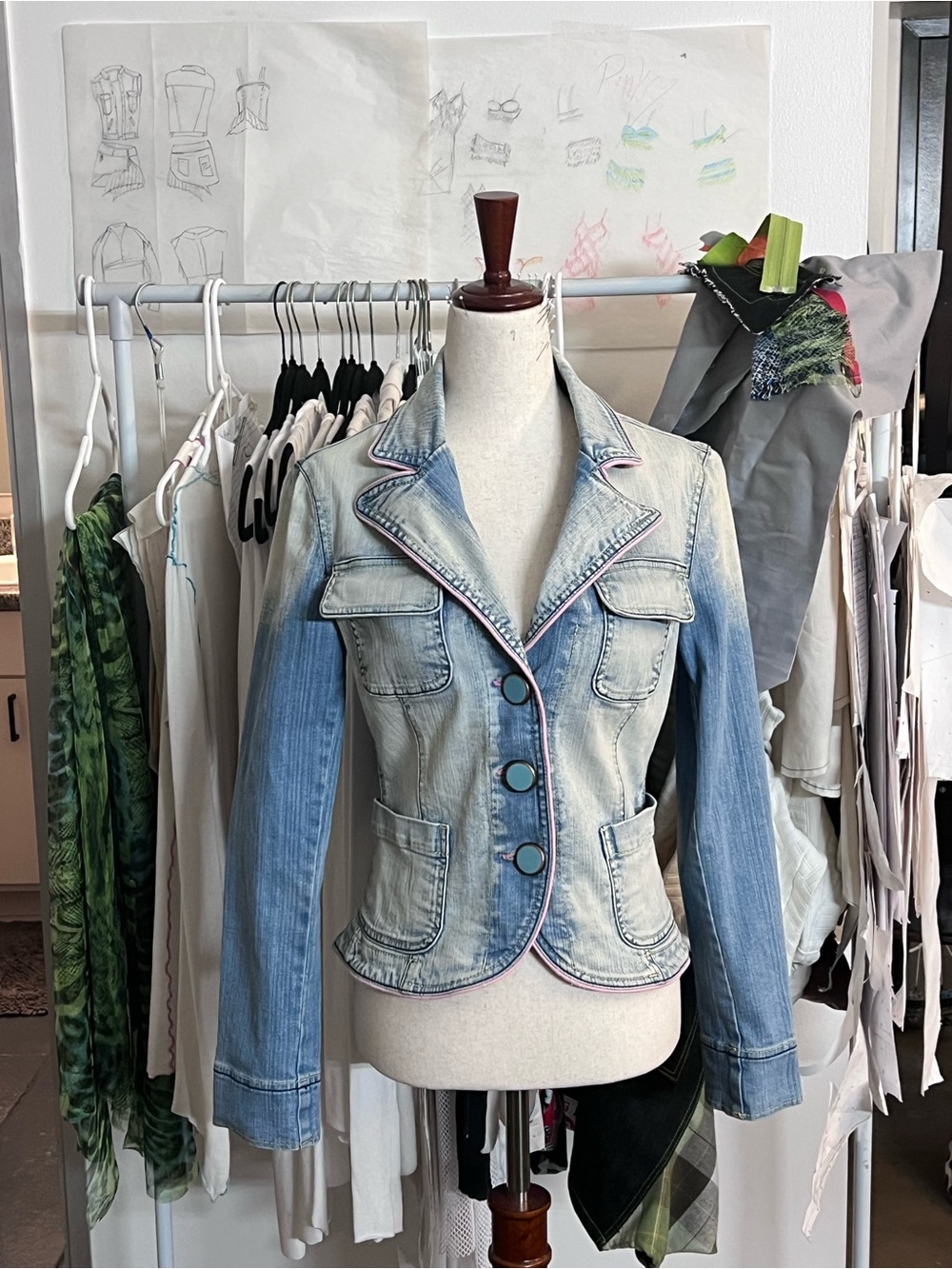 Vintage Wax Jean Light Blue Denim Jacket with Pink Trim